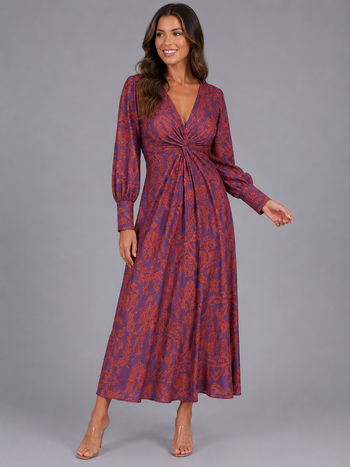 Women’s Printed V-Neck Midi Dress – Wedding Guest Occasion