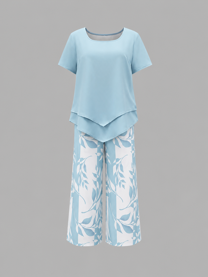 Women's Relaxed Two-Piece Set – Layered Top & Wide Leg Trousers