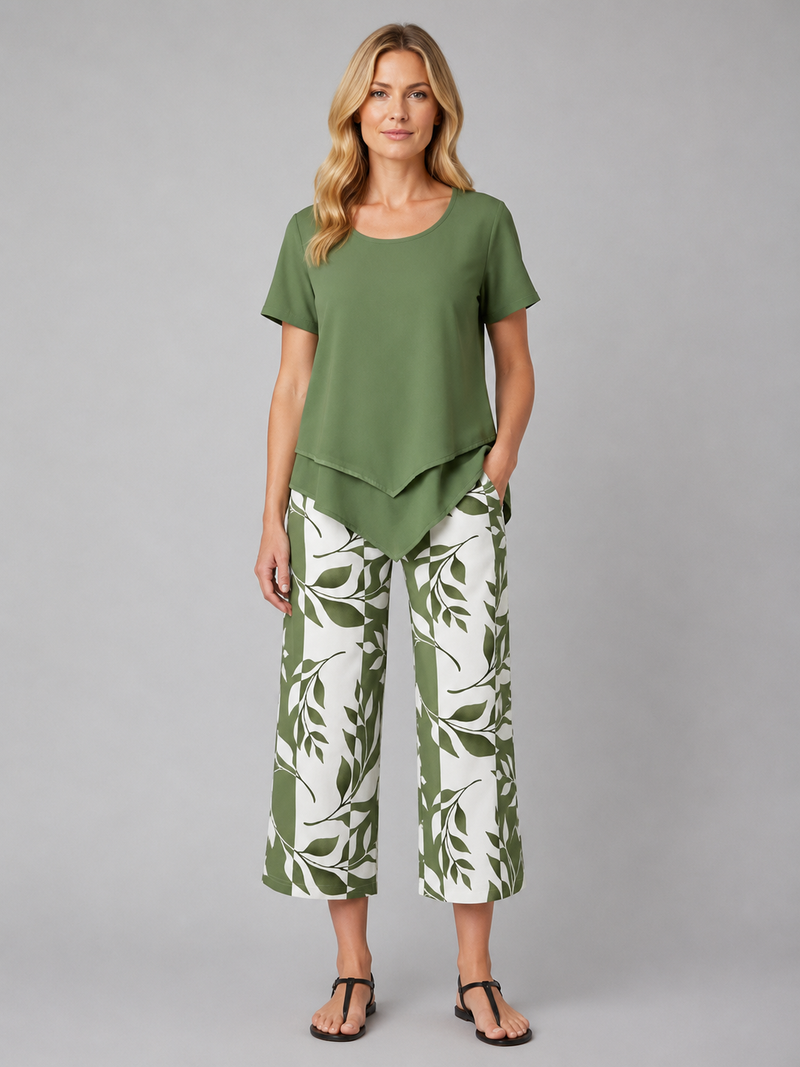 Women's Relaxed Two-Piece Set - Layered Top & Wide Leg Trousers