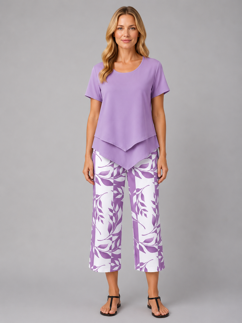 Women's Relaxed Two-Piece Set - Layered Top & Wide Leg Trousers