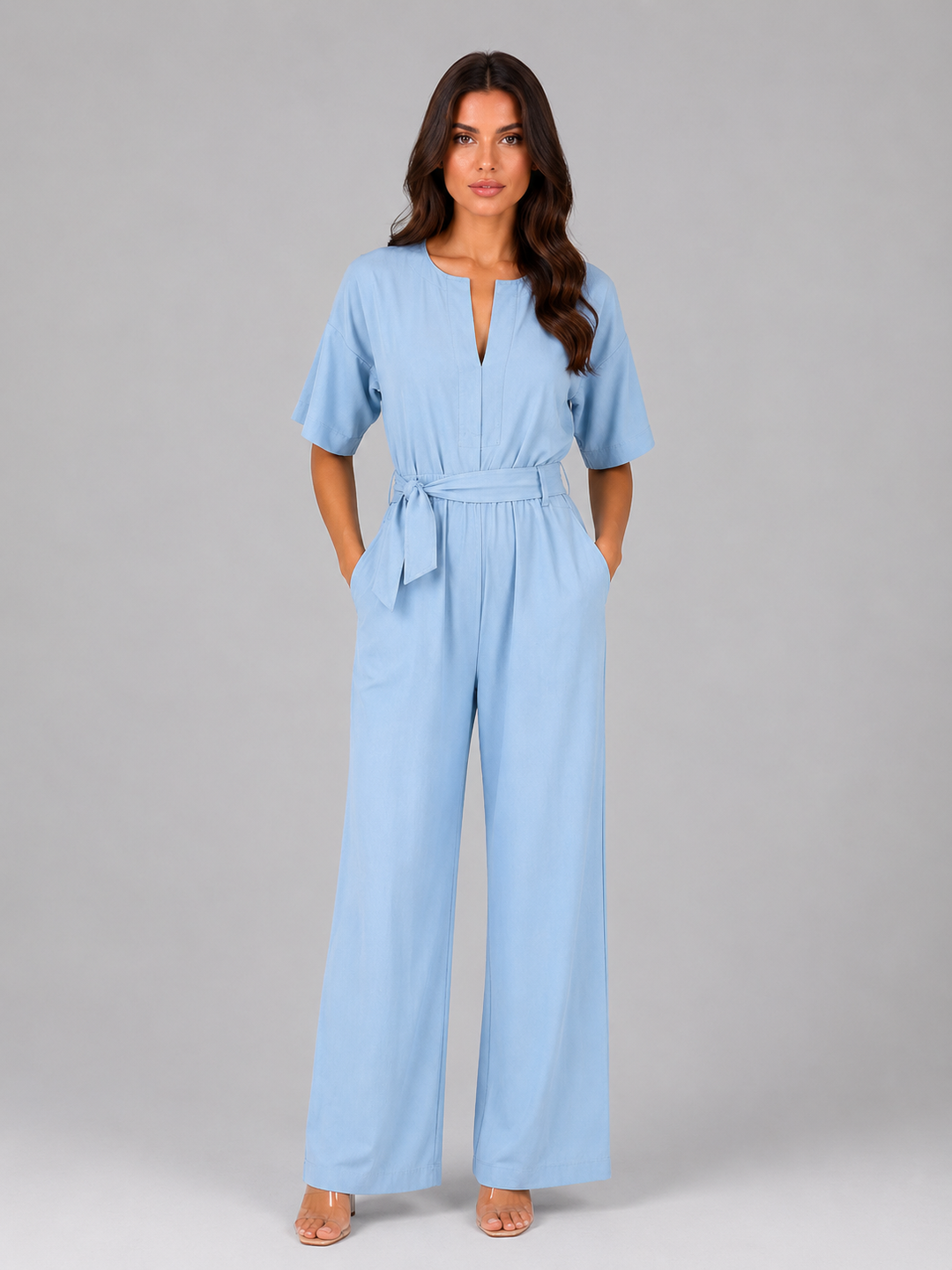 Women's Relaxed Wide Leg Jumpsuit – Tie Waist Casual Outfit