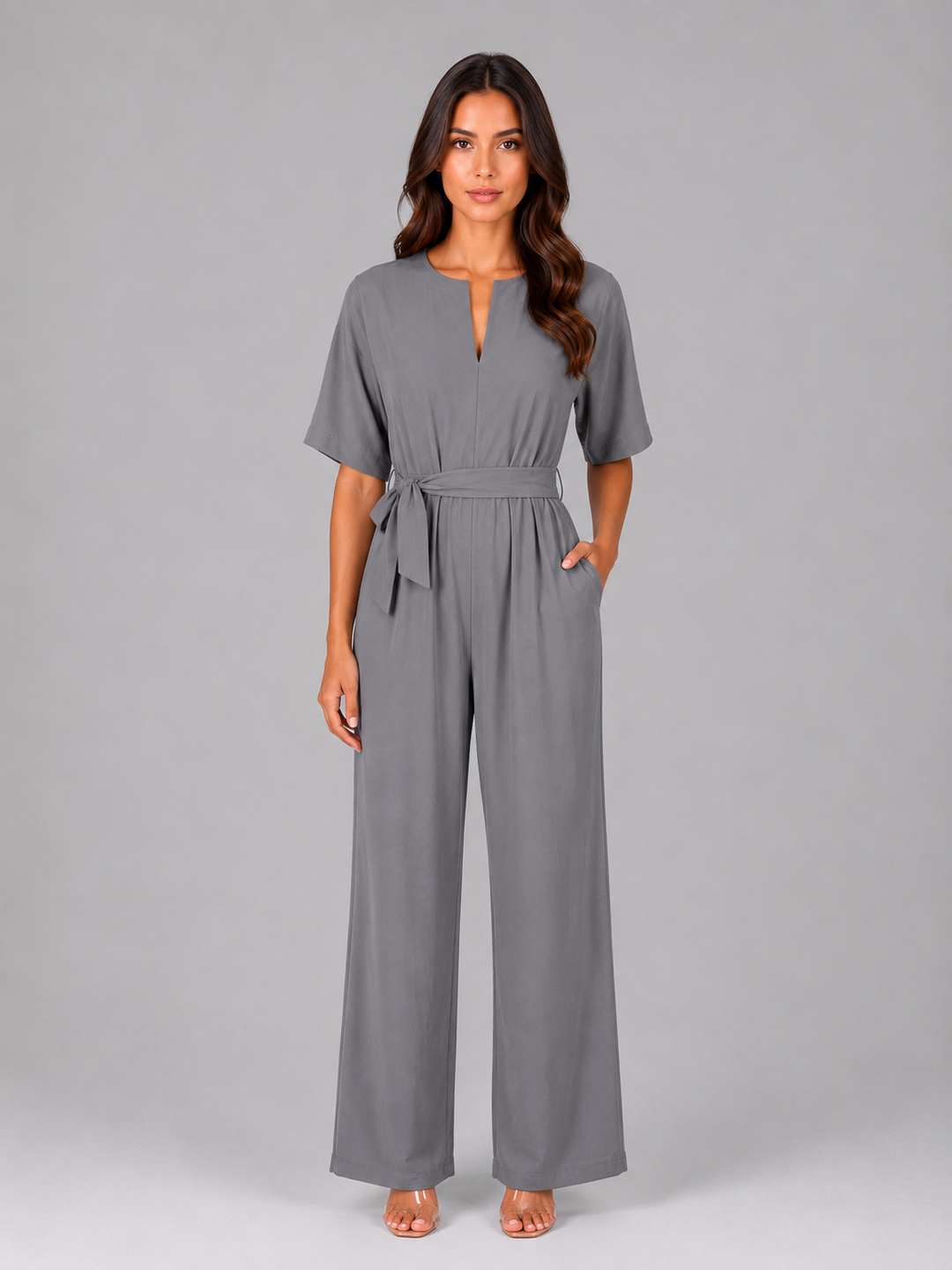 Women's Relaxed Wide Leg Jumpsuit – Tie Waist Casual Outfit