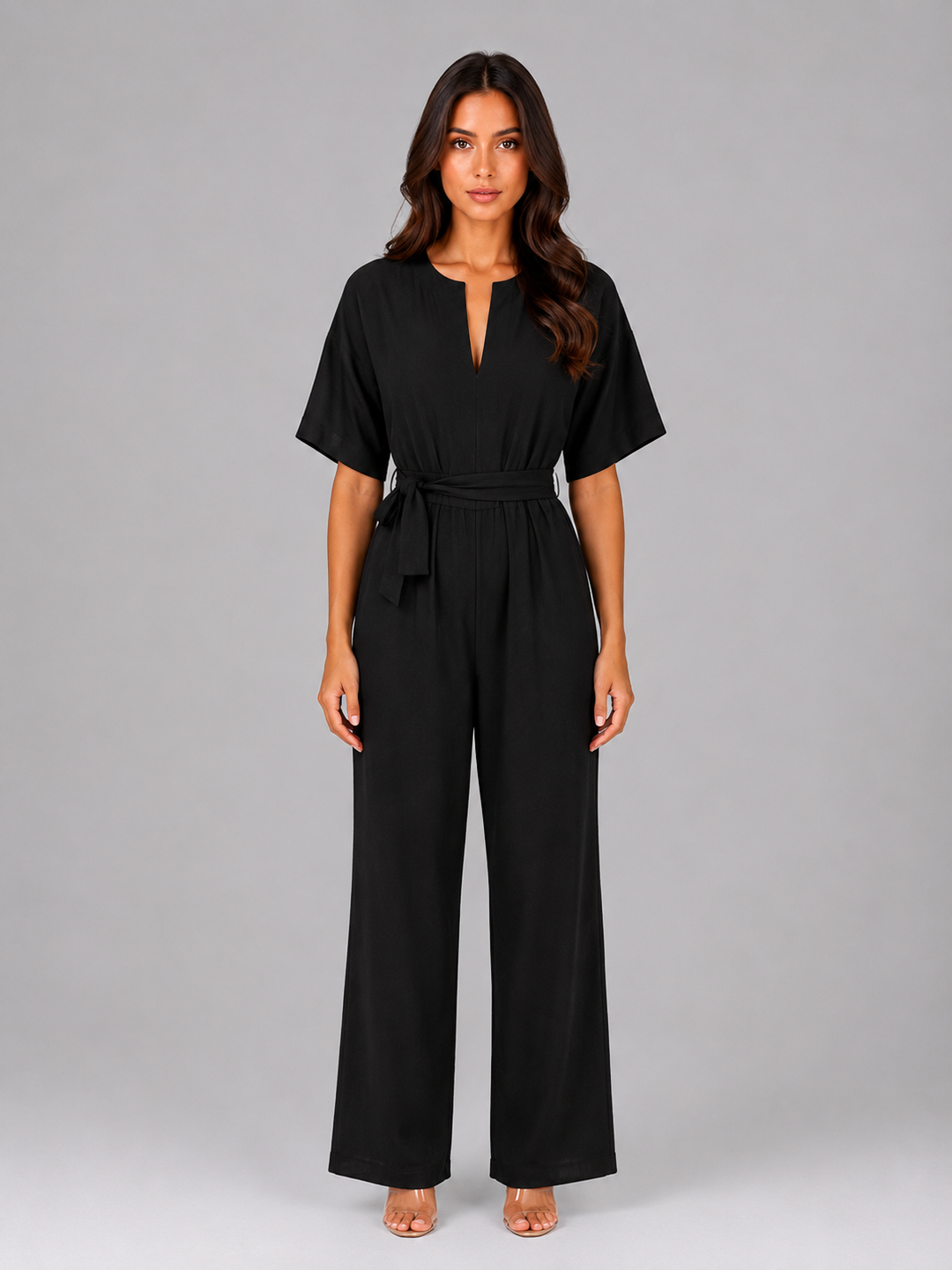 Women's Relaxed Wide Leg Jumpsuit – Tie Waist Casual Outfit