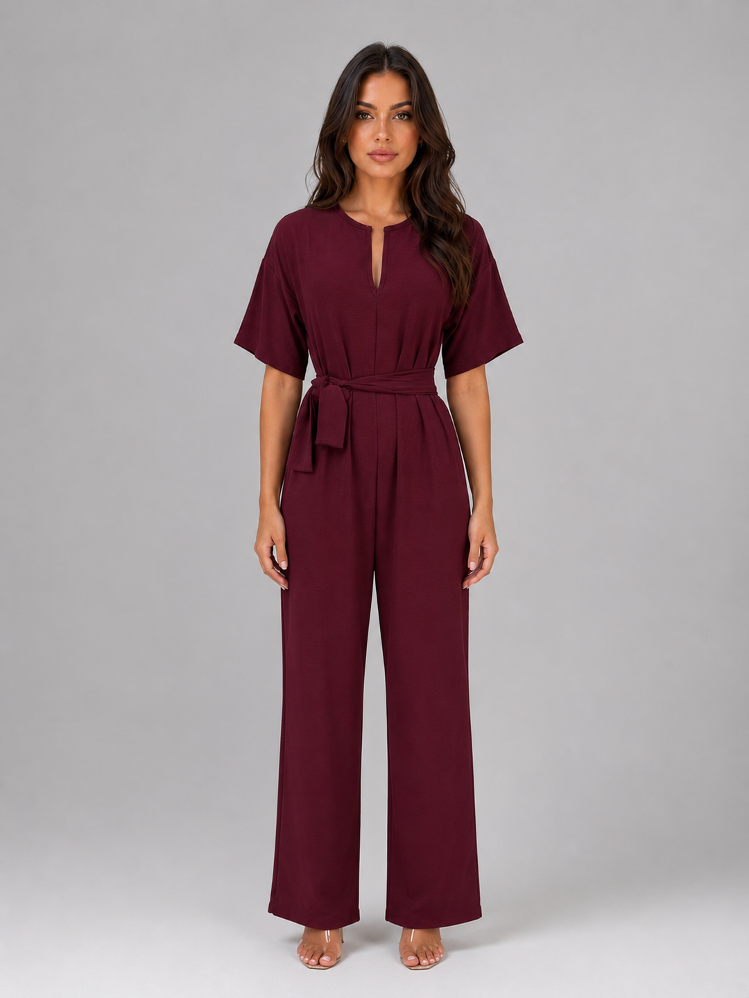 Women's Relaxed Wide Leg Jumpsuit – Tie Waist Casual Outfit