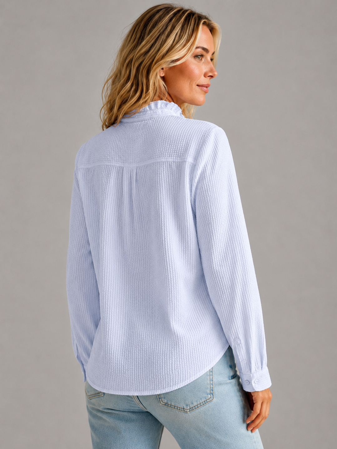 Women’s Ruffle Knit Blouse – Soft Button-Up Elegance