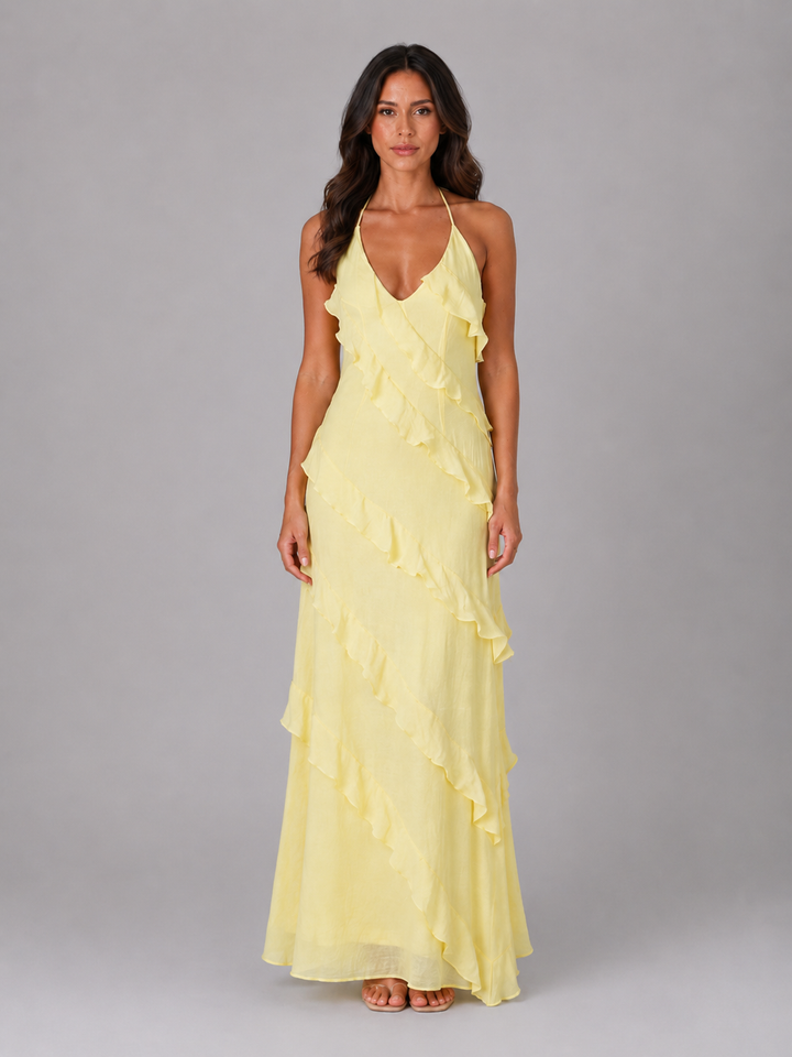 Women’s Ruffle Maxi Dress - Halter Neck & Tiered Layers