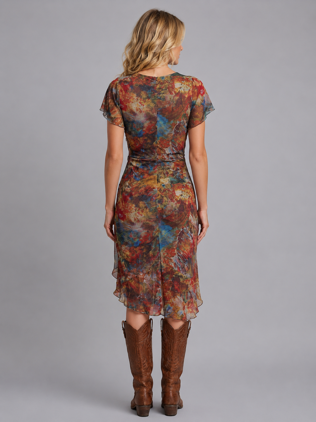 Women’s Ruffle Sleeve Midi Dress – Ruched Side Split Boho Style