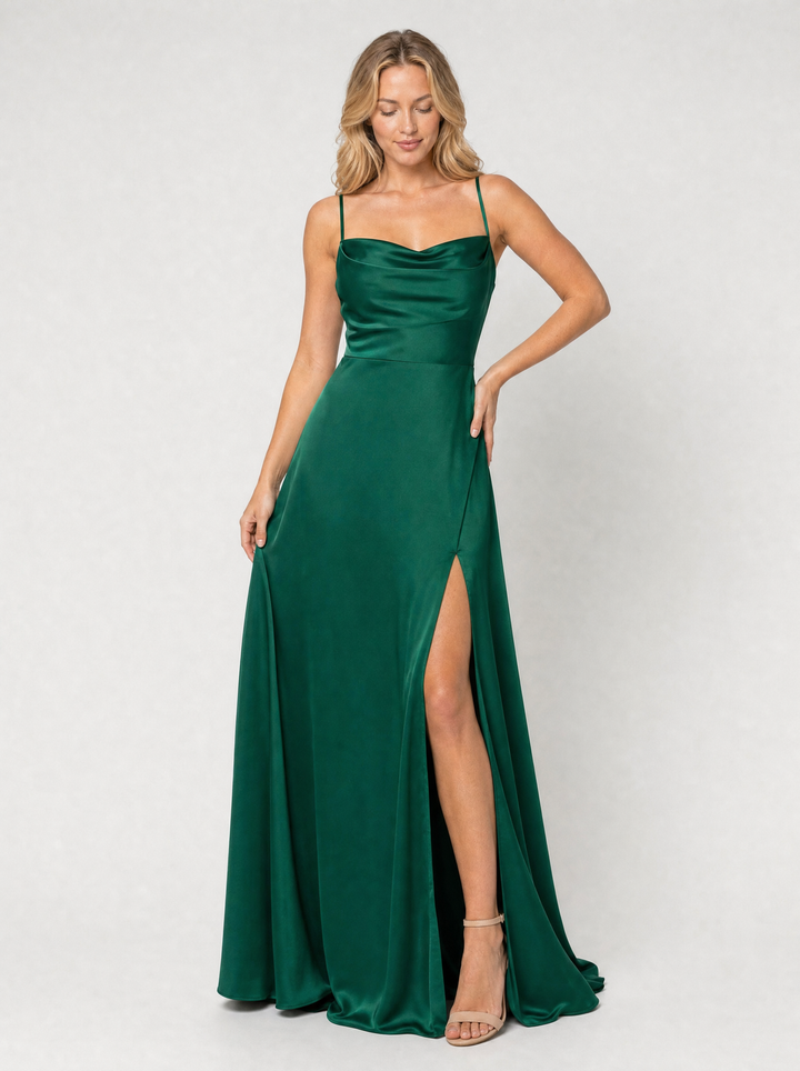 Women’s Satin Feel Cowl Neck Maxi Dress – Side Split Style
