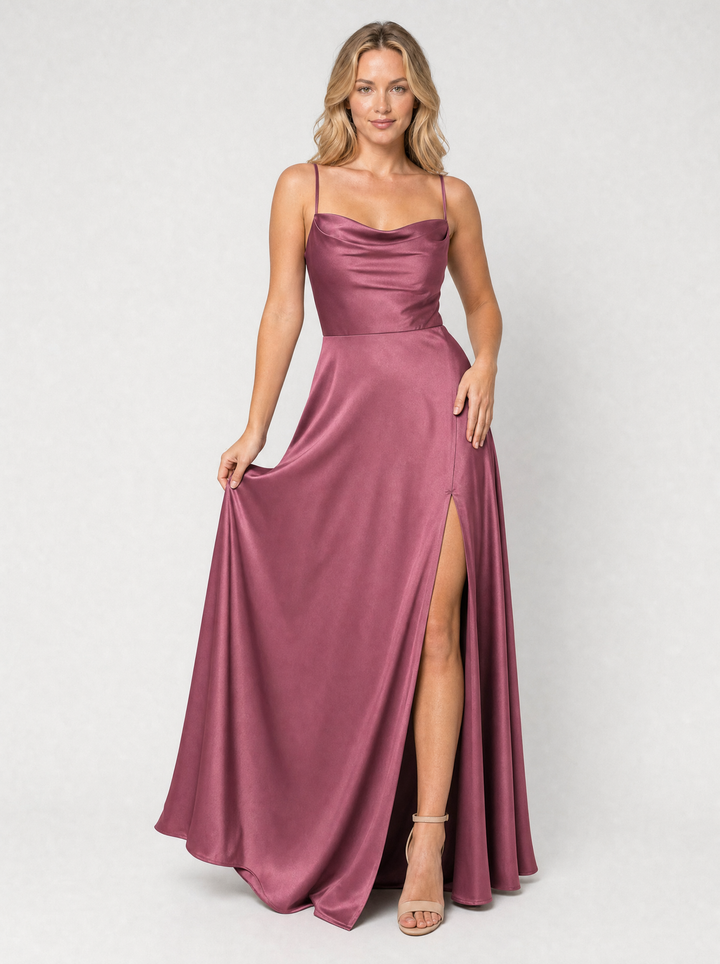 Women’s Satin Feel Cowl Neck Maxi Dress – Side Split Style