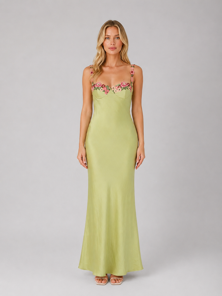 Women's Satin Feel Floral Embroidered Maxi Dress – Sculpted Fit