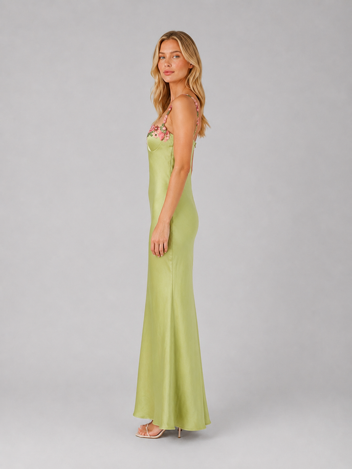 Women's Satin Feel Floral Embroidered Maxi Dress – Sculpted Fit
