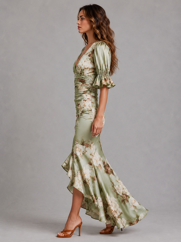Women’s Satin Feel Floral Maxi Dress – Ruched Waist Flowing Silhouette