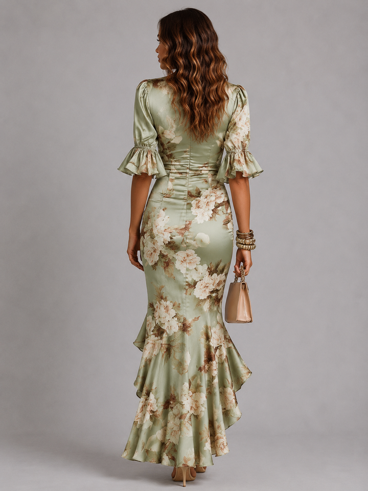 Women’s Satin Feel Floral Maxi Dress – Ruched Waist Flowing Silhouette