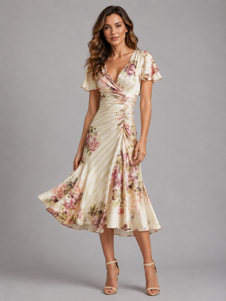 Women’s Satin Feel Floral Midi Dress - Ruched Waist Vintage Style