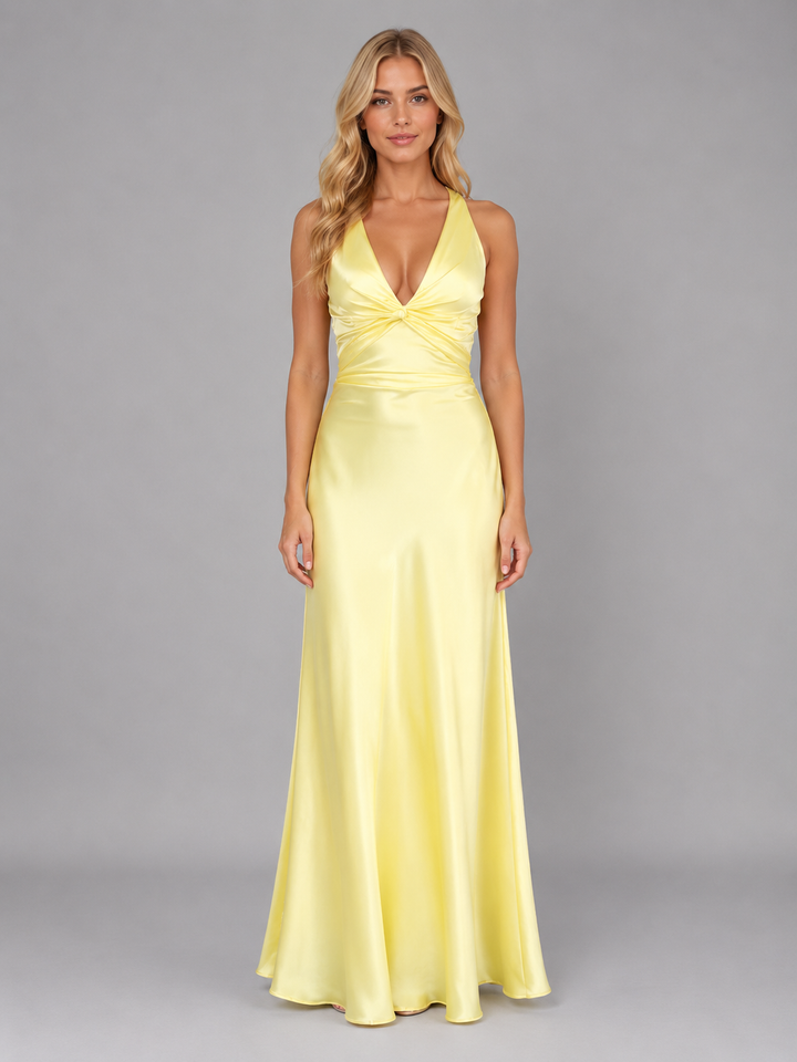 Women’s Satin Feel Halter Neck Maxi Dress – Ruched Evening Gown
