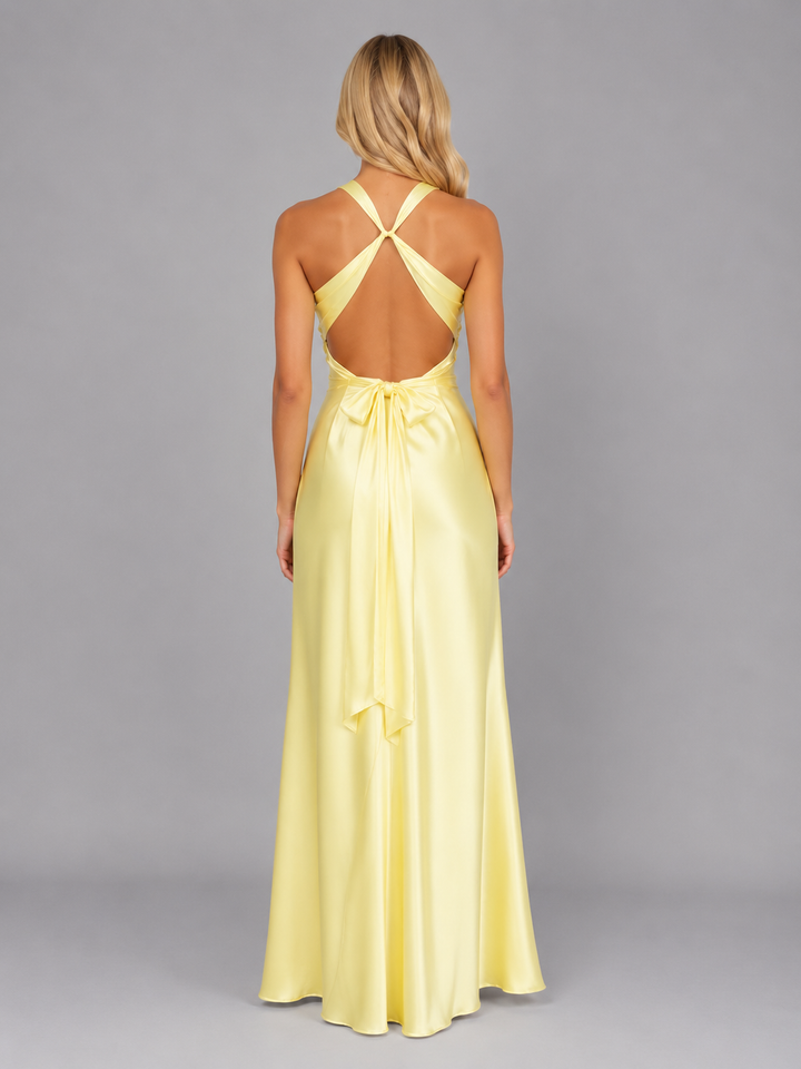 Women’s Satin Feel Halter Neck Maxi Dress – Ruched Evening Gown