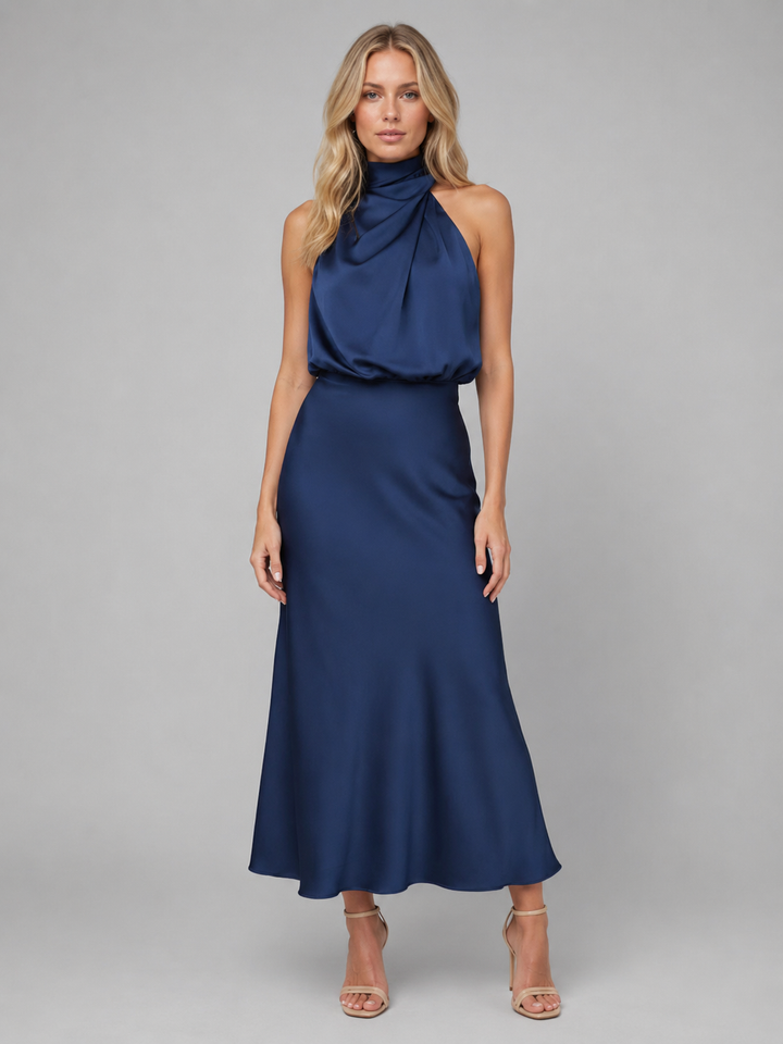 Women’s Satin Feel High Neck Midi Dress – Wedding Guest