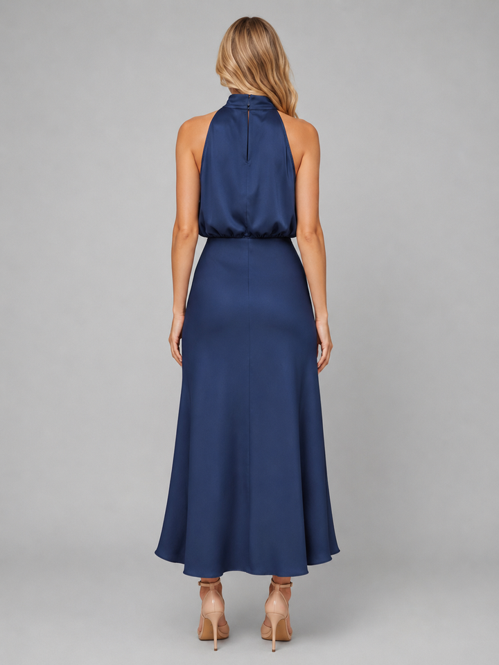 Women’s Satin Feel High Neck Midi Dress – Wedding Guest