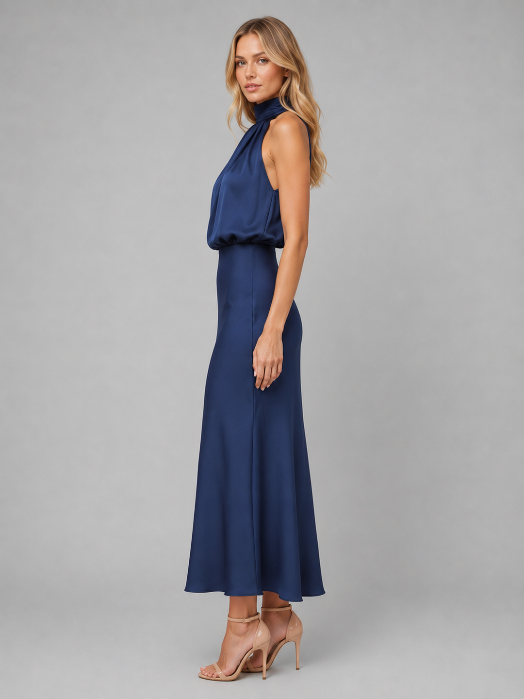 Women’s Satin Feel High Neck Midi Dress – Wedding Guest