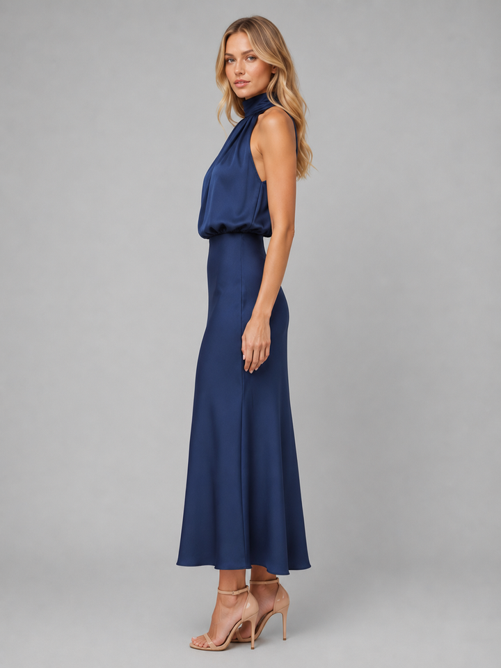 Women’s Satin Feel High Neck Midi Dress – Wedding Guest