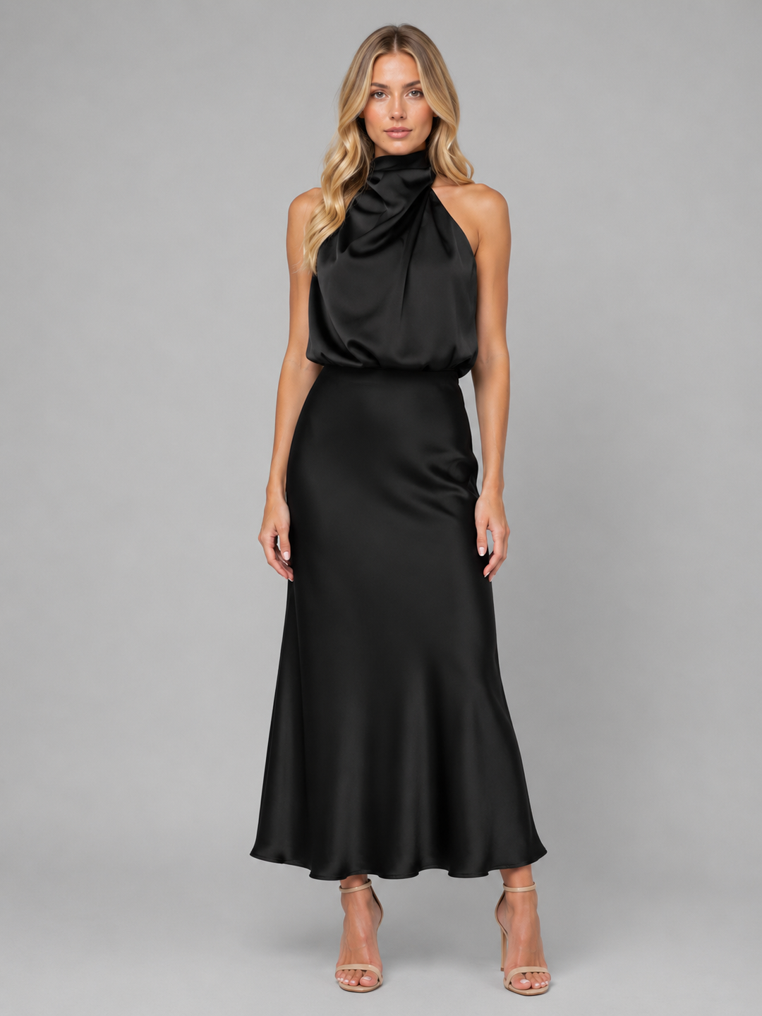 Women’s Satin Feel High Neck Midi Dress – Wedding Guest