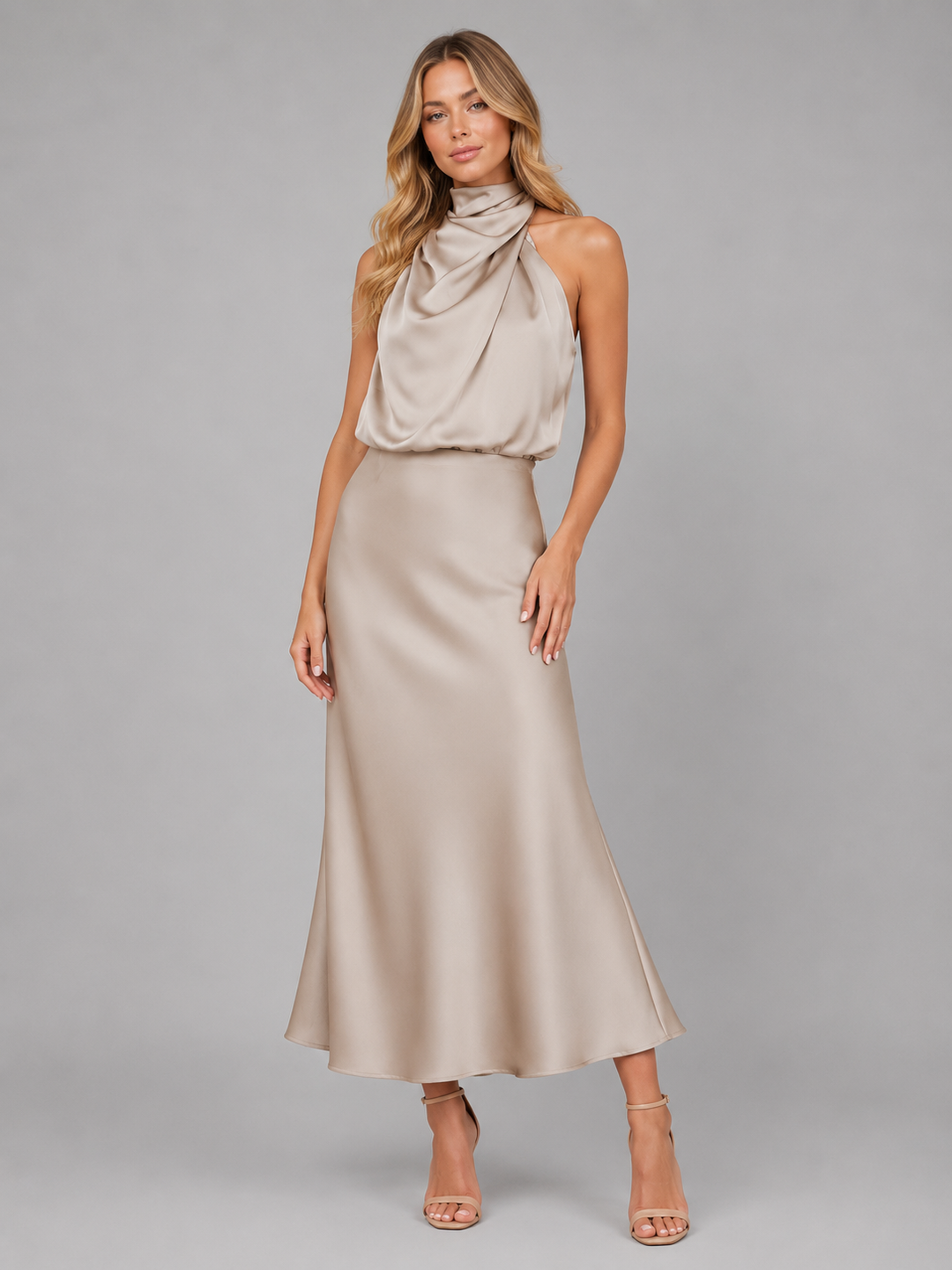 Women’s Satin Feel High Neck Midi Dress – Wedding Guest