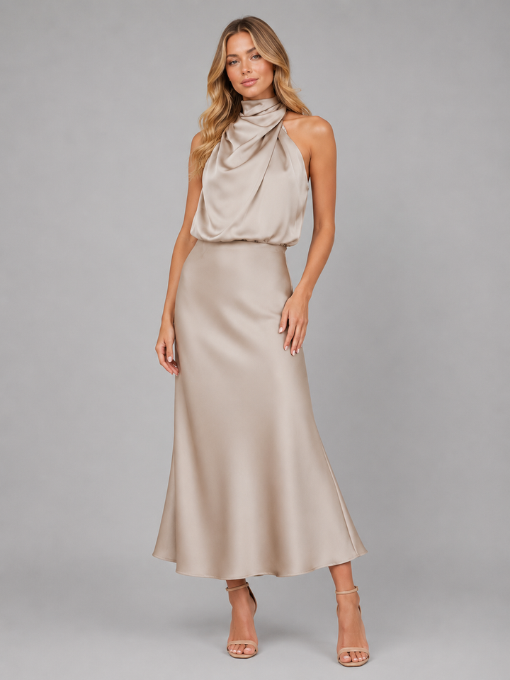 Women’s Satin Feel High Neck Midi Dress – Wedding Guest