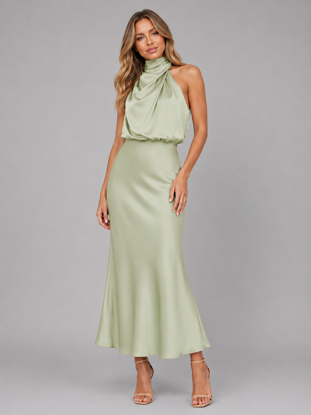 Women’s Satin Feel High Neck Midi Dress – Wedding Guest