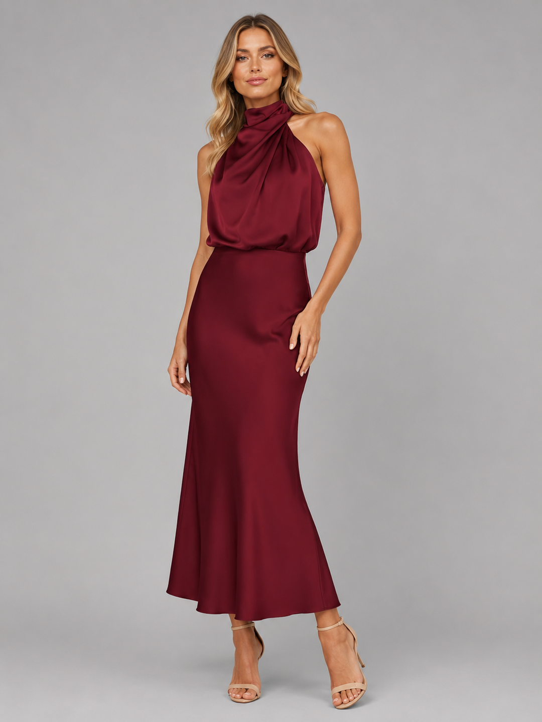 Women’s Satin Feel High Neck Midi Dress – Wedding Guest