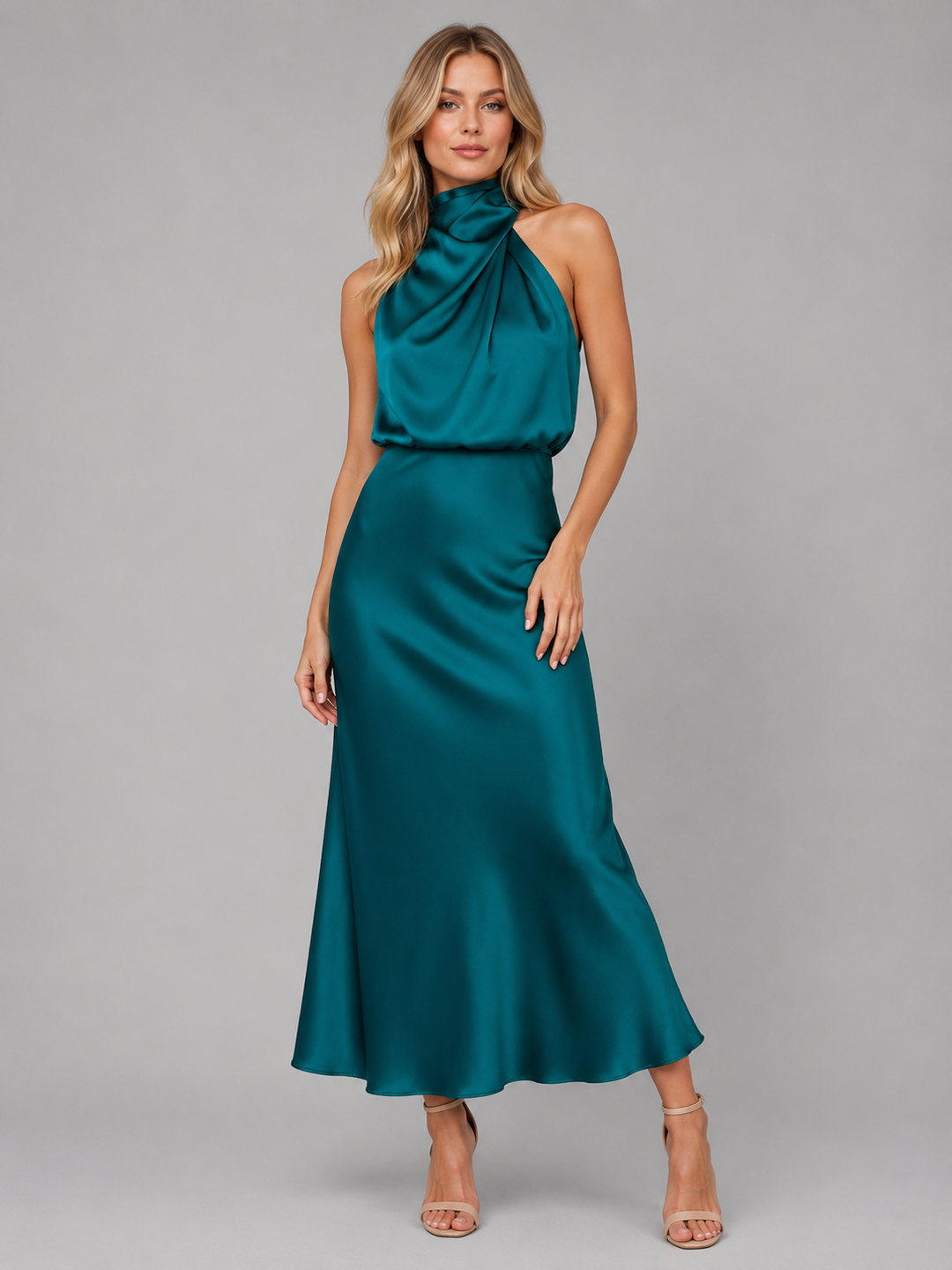 Women’s Satin Feel High Neck Midi Dress – Wedding Guest