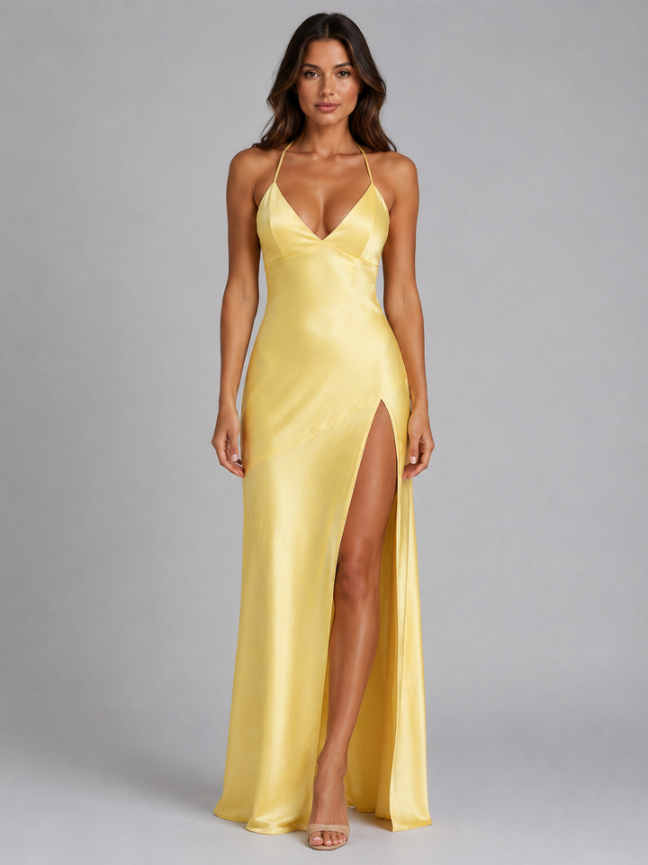 Women’s Satin Feel High Split Maxi Dress – Elegant Occasion Gown