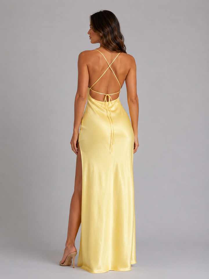 Women’s Satin Feel High Split Maxi Dress – Elegant Occasion Gown