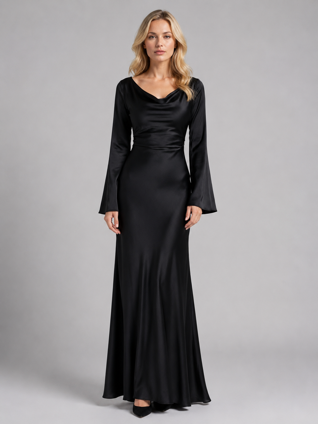 Women’s Satin Feel Long Sleeve Maxi Dress – Elegant Occasion Style