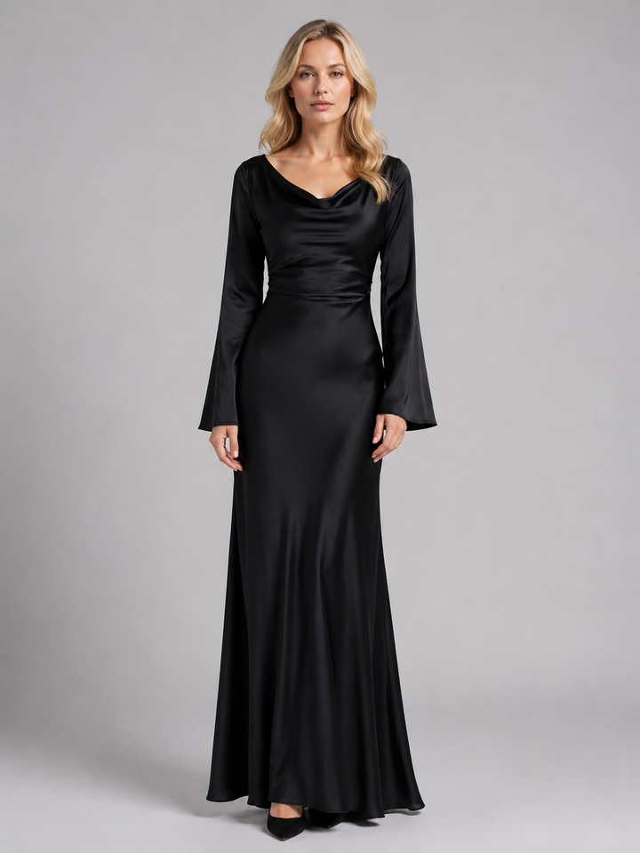 Women’s Satin Feel Long Sleeve Maxi Dress – Elegant Occasion Style