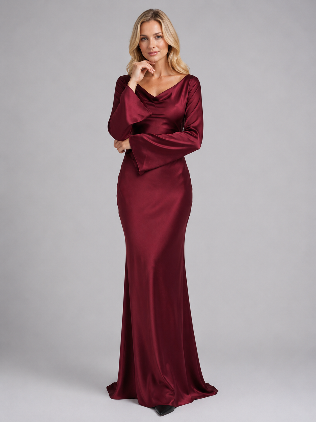 Women’s Satin Feel Long Sleeve Maxi Dress – Elegant Occasion Style