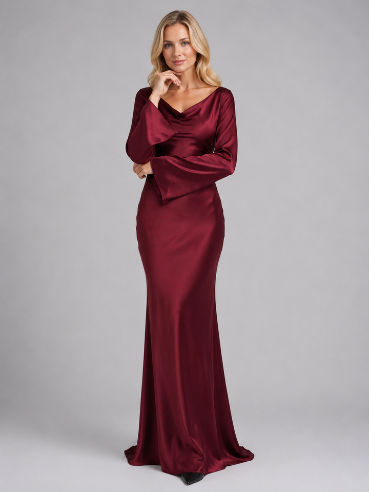Women’s Satin Feel Long Sleeve Maxi Dress – Elegant Occasion Style