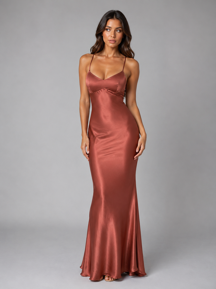Women's Satin Feel Maxi Dress – Sculpted Fit Evening Gown