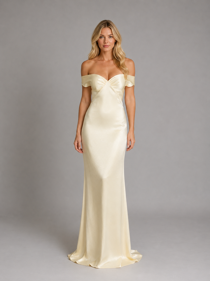 Women’s Satin Feel Off-Shoulder Maxi Dress – Evening Gown