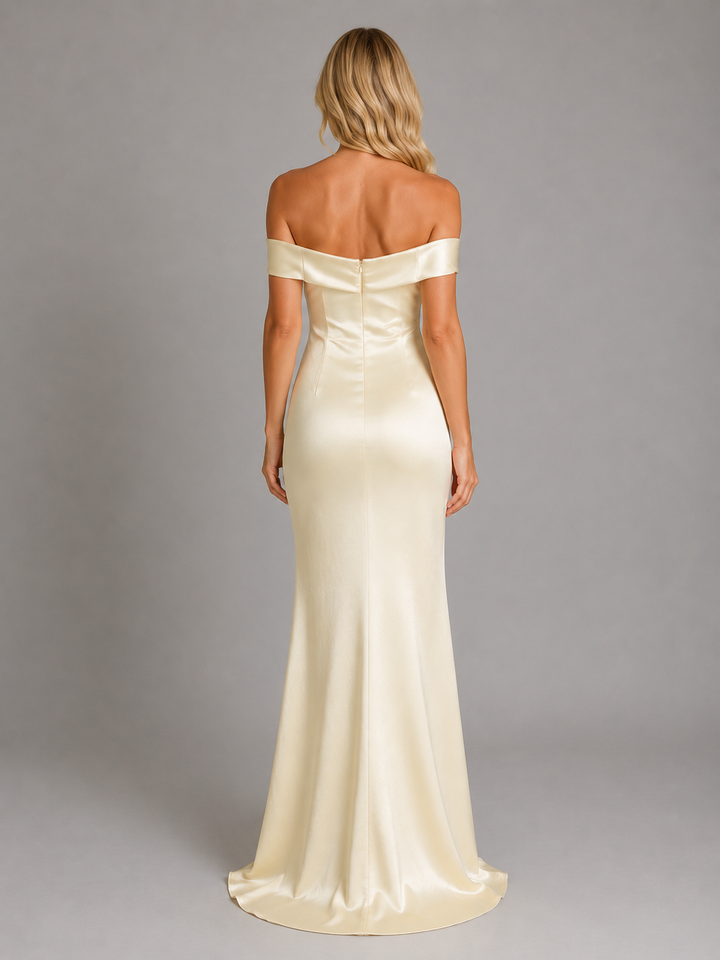 Women’s Satin Feel Off-Shoulder Maxi Dress – Evening Gown