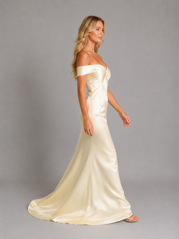 Women’s Satin Feel Off-Shoulder Maxi Dress – Evening Gown