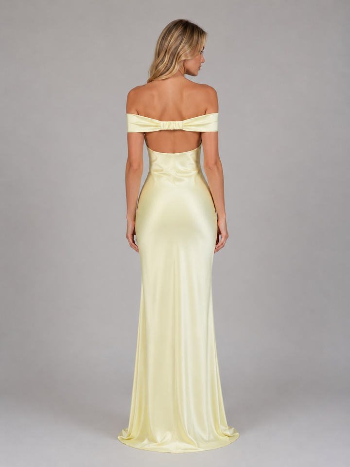 Women’s Satin Feel Off Shoulder Maxi Dress – Wedding Guest Gown
