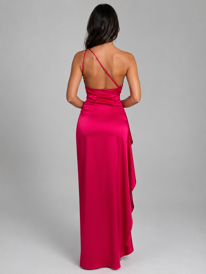 Women’s Satin Feel One-Shoulder Maxi Dress – High Split Evening Gown