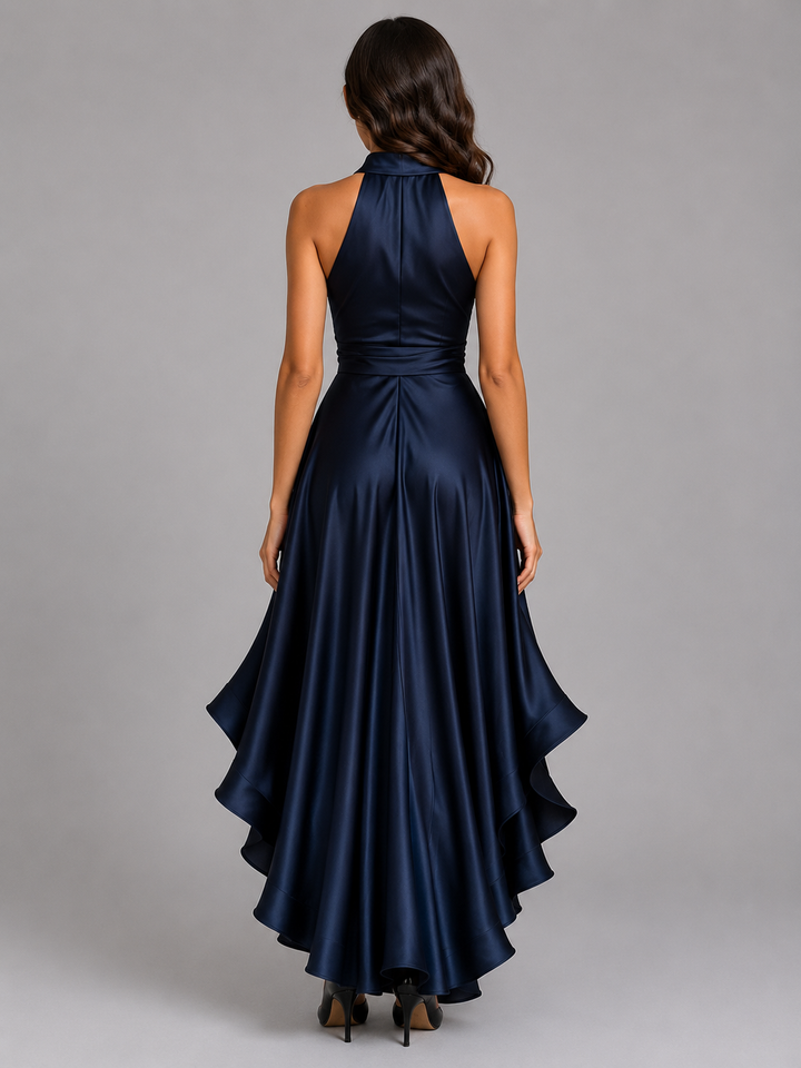 Women’s Satin Feel Ruffle Halter Maxi Dress – Evening Gown