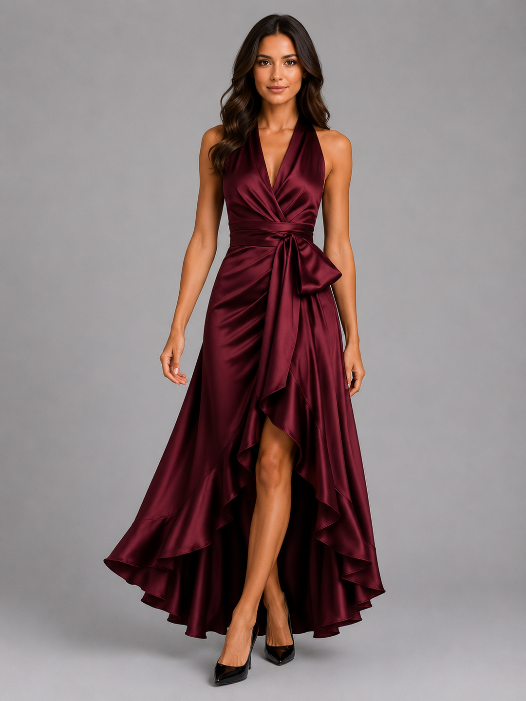 Women’s Satin Feel Ruffle Halter Maxi Dress – Evening Gown