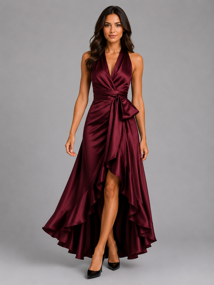 Women’s Satin Feel Ruffle Halter Maxi Dress – Evening Gown