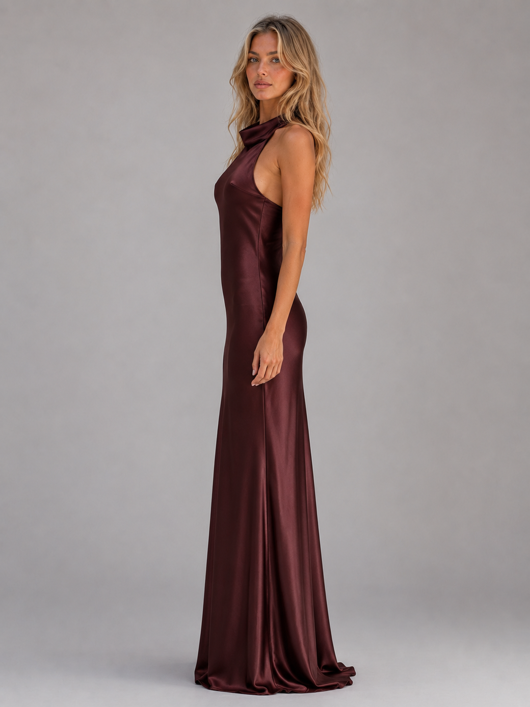 Women's Satin Feel Halter Neck Maxi Dress – Sculpted Evening Gown