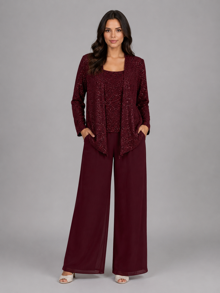 Women's Sequin Three-Piece Trouser Set – Elegant Occasion Co-Ord