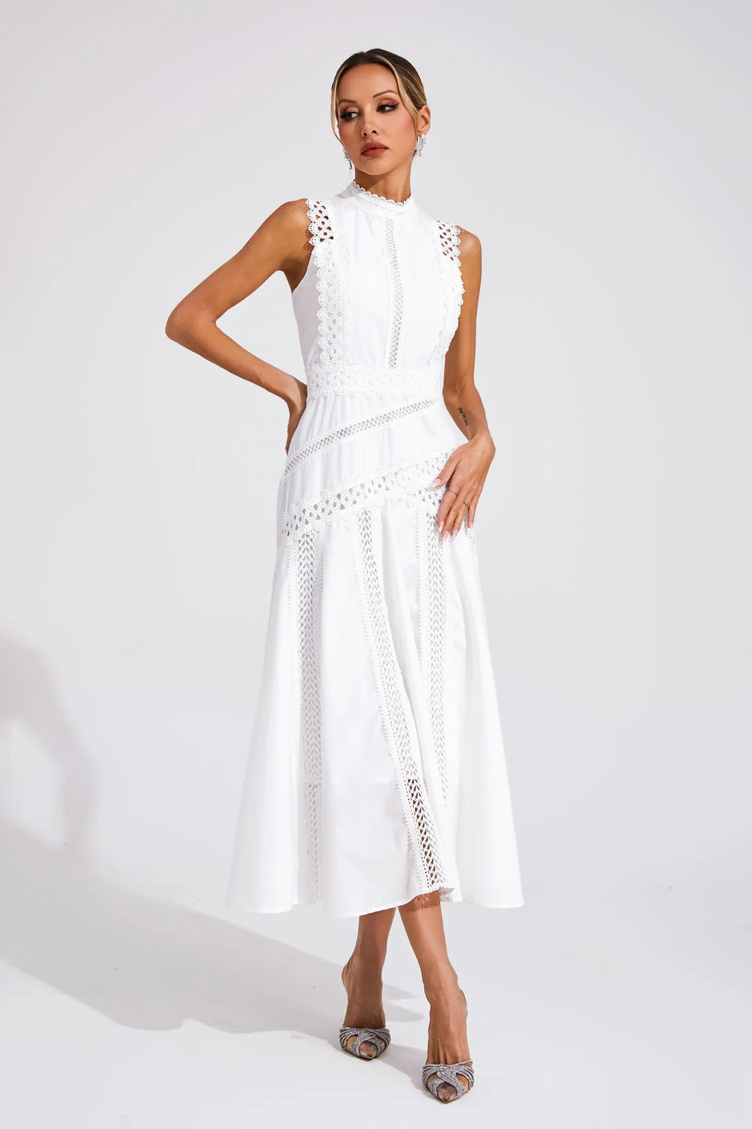 Women's Sleeveless Lace Midi Dress – Elegant Silhouette