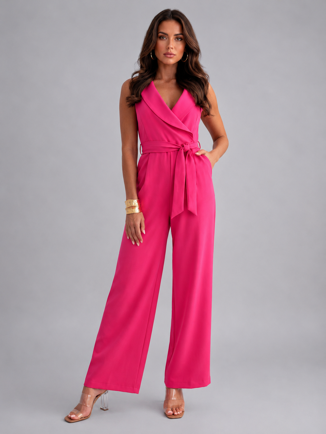 Women’s Sleeveless Wide Leg Jumpsuit – Elegant Tie Waist Style