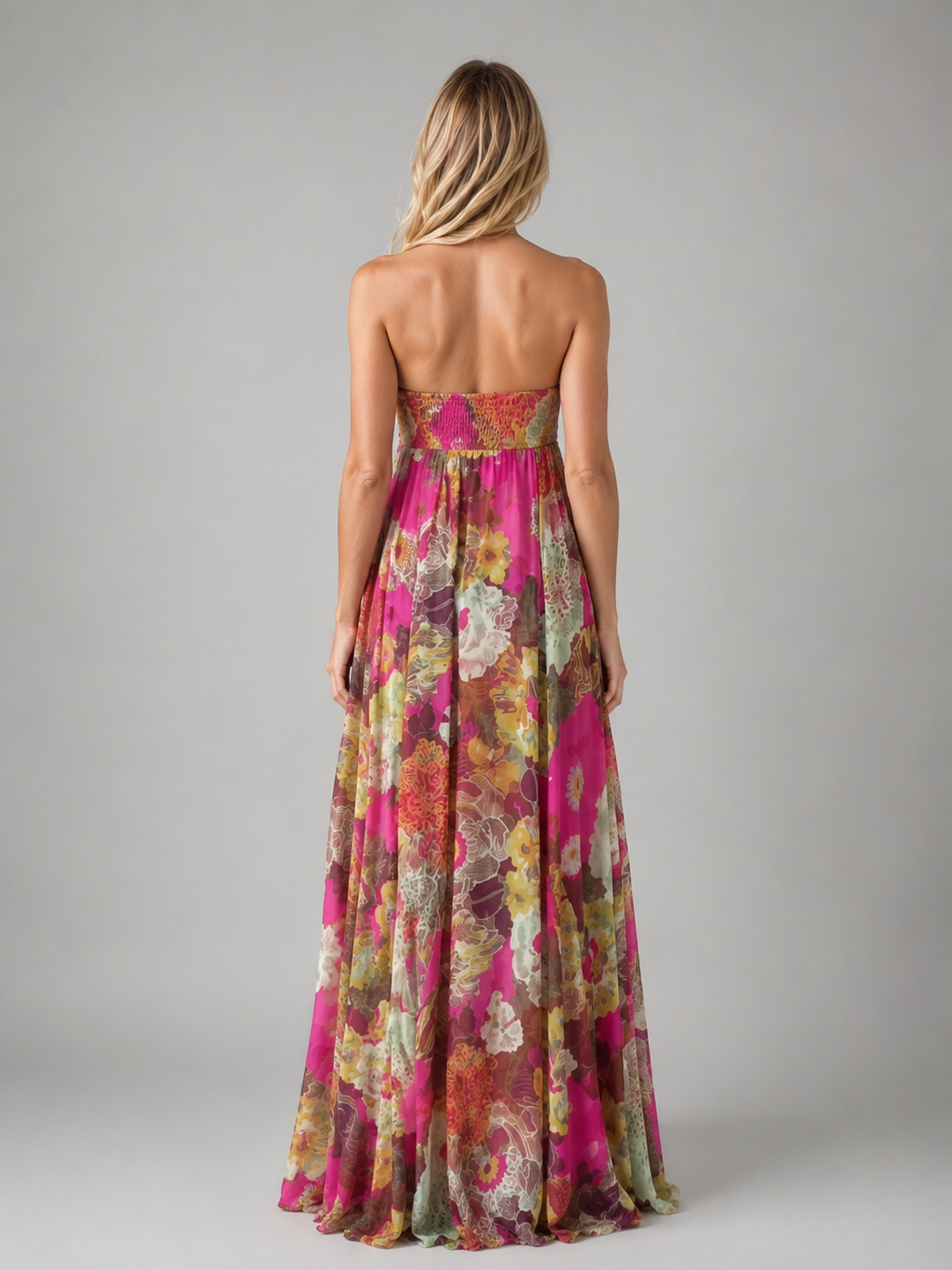 Women's Strapless Floral Maxi Dress – Flowing Smocked Bodice